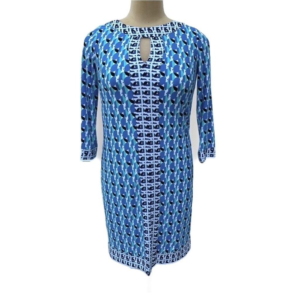 Muse Women Blue Teal Geometric Keyhole Sheath Lined Dress Size 6 NWT